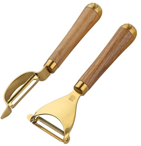 Potato Peelers,Premium 304 Stainless Steel Vegetable Peeler Set, Rosewood Handle For Kitchen, Veggie Fruit Peeler, Apple Carrot Cucumber Peeler，Ultra Sharp Rotary Blade, 2-Piece(Gold)