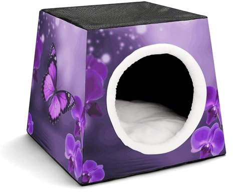 Cat House for Indoor Outdoor Cats Dogs Personalized Cat Cave Cute Lesure Purple Butterfly Printed Cat Beds Suitable for Small Sized Pets