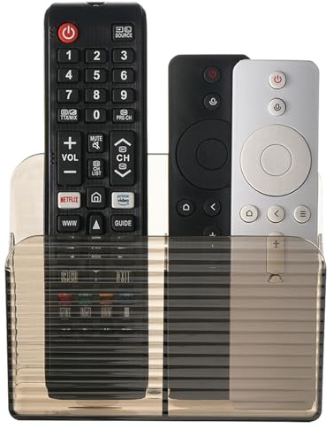 LINFIDITE Adhesive TV Remote Control Holder Wall Mount TV Holder For Bedside Wall Caddy Storage Organizer Stand Box （For 2 Or 4 Remote Controls –Clear Brown – Quantity 1）