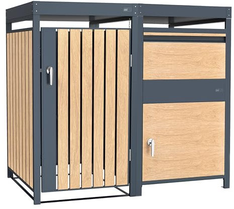 AXI Leon Copribidone Spazzatura in metallo Grigio/Aspetto Legno & Louis Cassetta per pacchi - Copri Bidone Spazzatura 1 contenitore - Max. 240L | Cassetta postale per pacchi 68 x 80 x 124 cm