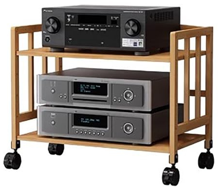 Estante de audio móvil de bambú para componentes de alta fidelidad sobre ruedas, estantes ajustables para amplificadores estéreo y almacenamiento de medios, elegante soporte de TV para equipos de