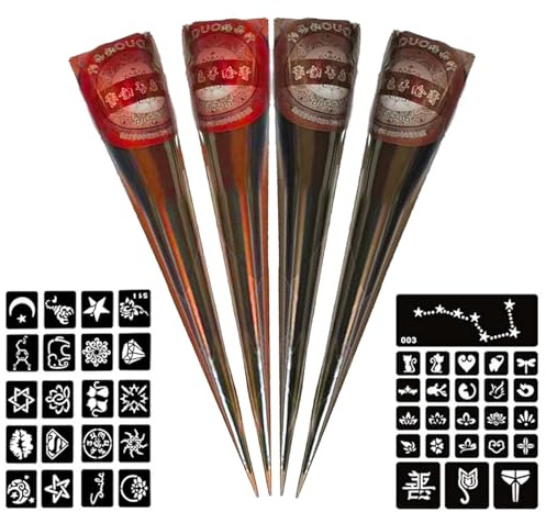 ElevaPulse Hennnaa Tattoo Set - 2x Hennnaa Braun, 2x Hennnaa Rotbraun, 44x Schablonen, Hennnaa Braun Sommersprossen, Hennnaa Farbe, Temporäre Tattoos
