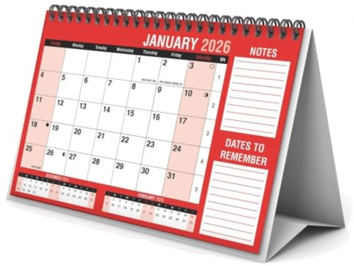 eMKay® 2026 Month-to-View Desktop Planner – Red & Black Flip-Top Calendar with Notes Section – Freestanding Desk Calendar for Office, Home & School