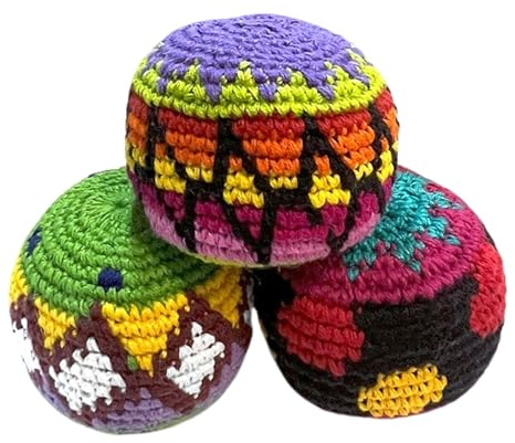 Mia Jewel Shop - Footbag Sack for Kick Ball | Assorted Foot Bag Crochet Hacky for Adults | Juggling Balls for Beginners | Multicolored Geometric Pattern | Handmade Guatemalan Crafts (Set of 3)