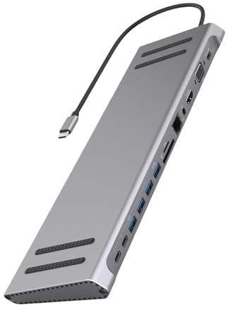 Estación de acoplamiento USB C de 14 puertos, adaptador para múltiples monitores, HDMI, VGA, Ethernet, lector de tarjetas para portátiles, estaciones de acoplamiento USB