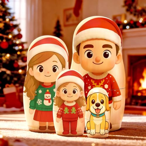VEELU Poupées Russes Personnalisées avec Photo, Matriochka De 6 Poupées Gigognes en Bois Style Cartoon, Poupée Russe Cadeau pour Couples, Famille, Décoration Maison & Cadeau Anniversaire Noël