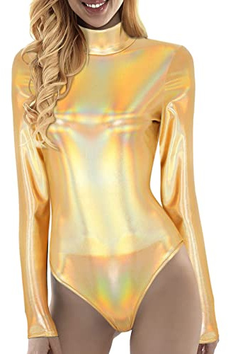 Cexiakong Maillot de ballet brillante para mujer, traje de ballet deportivo, danza, maillot de manga larga, body metálico, aspecto mojado, mono, leotardos, monocolor, parte superior, O Gold, M