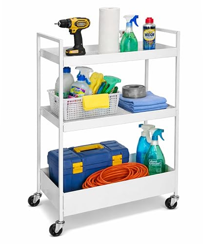 DIVCHI 3 Tier Utility Storage Trolley with Wheels – Slim Rolling Metal Storage Cart for Kitchen, Bathroom & Laundry Space Saving Narrow Gap Organiser with Mesh Shelf for Home, Office & Bedroom (White)