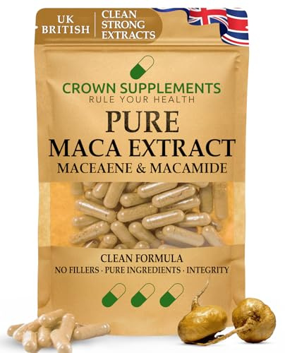 Pure Maca Capsules Extract | Clean Maceaene and Macamide 0.69% Formula | Crown Supplements UK (90 Capsules)