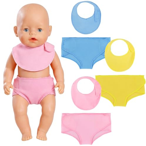 6 Stück Windeln und Lätzchen für 35-43 cm Baby Puppen, Puppenwindeln und Puppenlätzchen Set, 36cm BabyPuppen Windeln für 14-18 Puppen, Rosa Blau Gelb PuppenZubehör Geschenke für Kinder