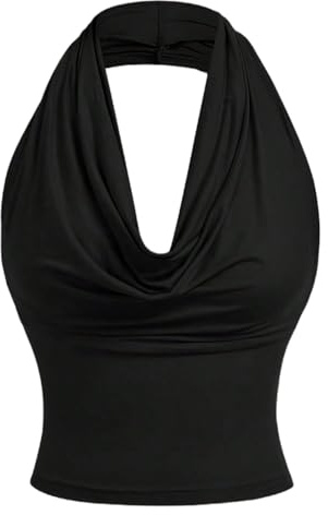 GORGLITTER Women's Off Shoulder Draped Halter Neck Crop Tops Vest | Going Out Tops, Ruched, Slim Fit, Party Night Out Tees, 1 Tops 3 Ways to Wear, Tops for Party
