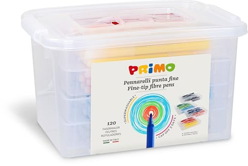 Primo - 120 Filzstifte mit Feiner Spitze 2,5 mm für Kinder ab 3 Jahren, Abwaschbar, Malkoffer für Kinder, 12 Farben zum Malen, Zeichnen und Kreative Arbeiten, Produkt für Schreibwaren und Schule