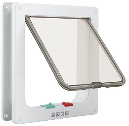 TKOOFN Klassische Katzenklappe Hundeklappe - 4 Wege Verschluss Katzentür Katzenklappe Haustier Tür Freilauftür für Katze, Kätzchen, kleinen Hund (Weiß, L - 23.5 x 25 x 5.5cm)