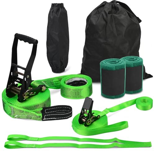 Slackline Kit with Training Line Tree Protectors Ratchet Protectors Arm Trainer Easy Set up Instruction Booklet for Family Adults Children Kids