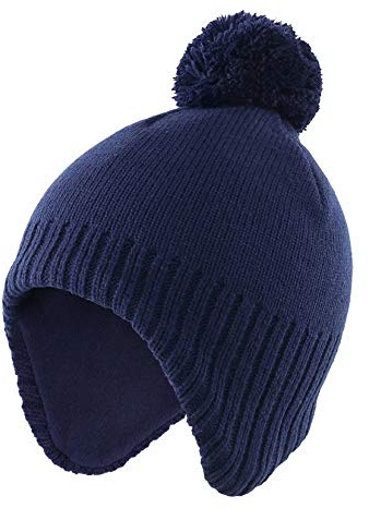 Home Prefer Toddler Earflap Hats Soft Fleece Warm Knitted Beanie Child Winter Hat Navy Blue M