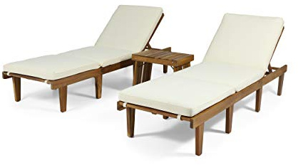 Christopher Knight Home Carlos Outdoor Acacia Wood 3 Piece Chaise Lounge Set, Teak Finish, Cream