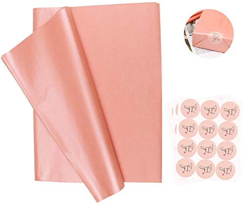 100 Blatt Rosenrosa Seidenpapier mit 10 Blatt von 120 Stück Dankesaufklebern, metallische Geschenkpapiere, werden für Geschenkverpackungen, Dekorieren von Hochzeiten