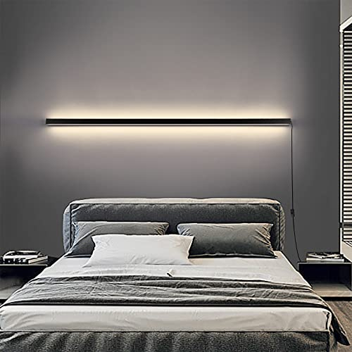 Up Down Wandleuchte Innen LED Dimmbar Wandlampen mit Schalter und Kabel Lange Lichtleiste Schwarz Nachttischlampe, Modern Streifen Leselampe Schlafzimmer Wohnzimmer Treppen Wandbeleuchtung,80cm 48w