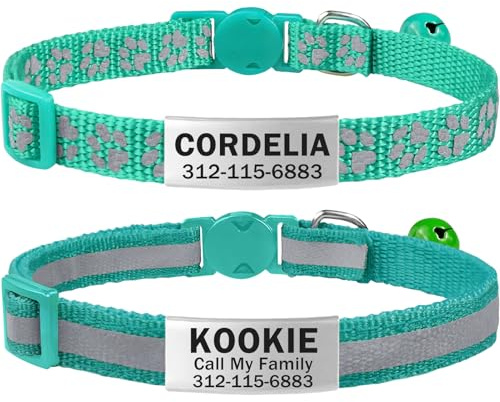 TagME 2 Pack Cat Collar with Name Tag and Bell, Personalized Quick Release Kitten Collar with Silent Slide On ID Tags for Boy and Girl Cat, Teal