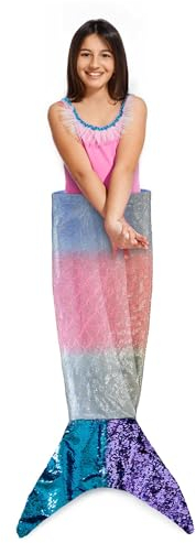 mermaid go club, Mermaid Tail Blanket, Reversible Sequin Tail, Changes from Blue to Purple, Colorful Flannel Blanket, Silver Scale Print, Soft and Cozy, Wearable Mermaid Blanket, 18 x 56 inches