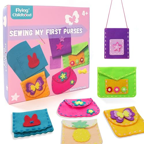 My First Sewing Purse Kit for Beginner Boys Girls, 6 Easy DIY Sewing Bags with Instructions Learn to Sew & Develop Fine Motor Skills Xmas Gifts for Grandkids Kindergarten Activities must haves