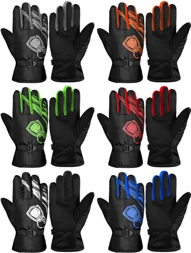 SATINIOR 6 Pairs Winter Gloves Kids Waterproof Ski Gloves Snow Warm Full Finger Snowboard Unisex Gloves for Cold Weather Boys(7-12 Years,Cute Colors)
