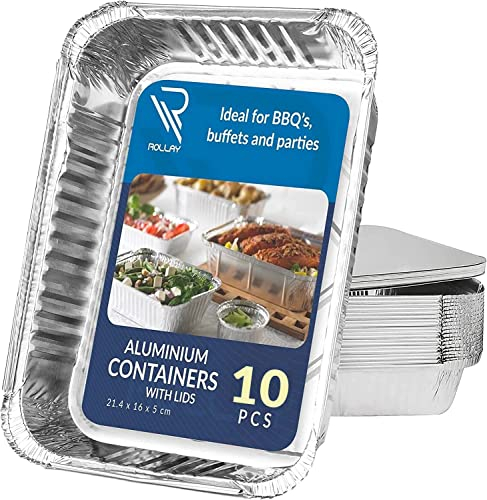 Rollay 10 Pack Aluminium Foil Trays With Lids 21.4x16x5cm/1000ml - Food Containers for Storage, Baking, Roasting, Takeaway and Party