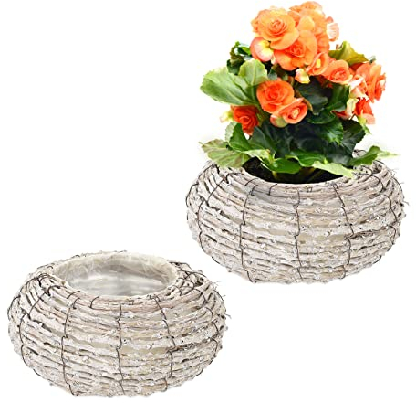 Relaxdays Blumentopf, 2er Set, Rattan, Pflanzentöpfe mit Folie, HxD: 10 x 20 cm, runde Pflanzkörbe für innen, weiß/Natur