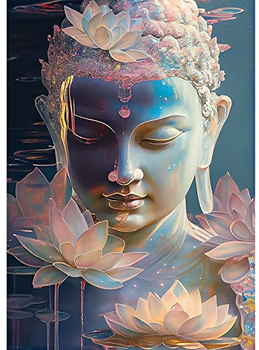 QENSPE 5D Diamond Painting, Statue Bouddha Peinture Diamant Adulte Complet Bouddha Fleur Diamant Kit Enfants, DIY Diamant Strass Point de Croix Cristal Painting Murale Décoration 30x40cm