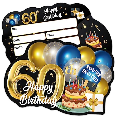 ERHACHAIJIA Lot de 20 cartes d'invitation à remplir en forme de ballons bleus et dorés avec enveloppes, pour fête d'anniversaire de 60 ans pour hommes, mari, papa, plus loin