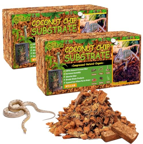 Riare Natural Coconut Chip Substrate for Reptiles- Compressed Coconut Husk Reptiles Bedding, Coco Husk Chip Terrarium Substrate for Snakes, Tortoises, Ball Python, Frogs (2 Pack)