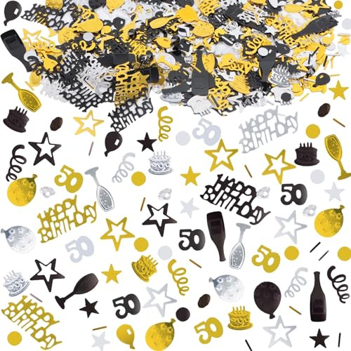 RUNEAY konfetti 50 födelsedag 1 000 stycken, Happy Birthday & 50 bokstäver, glitter PVC svart-guld konfetti för födelsedagsdekoration