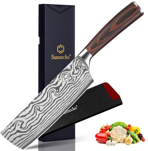 Sunnecko Couteau Nakiri Cuisine Style Japonais 18cm, Couteau de Cuisine Professionnel en Acier Inoxydable Lasé Manche en Pakkawood, pour Viande Légume