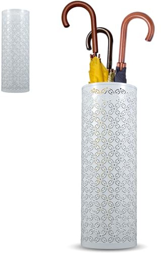 Porta ombrelli in metallo rotondo, supporto per ombrelli in stile moderno con scultura, portaombrelli con ganci per dormitorio, ingresso, portico, 15 x 15 x 42 cm (bianco)