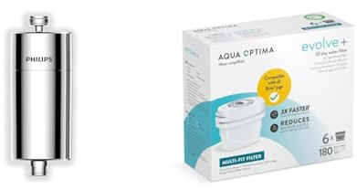 Philips Water - in-Line Shower Filter, Reduces Chlorine by up to 99%, Easy to Instal & Aqua Optima Water Filter Cartridge 6 Pack (6 Months Supply), Evolve+ Compatible