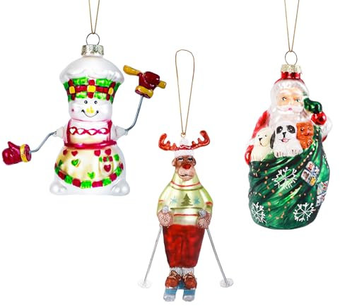 absolove 3X Premium Handbemalte Christbaumschmuck Glas,Mundgeblasener Weihnachtsbaumschmuck,10CM LustigeTannenbaum Deko Anhänger-Spezielle Weihnachtsbaumanhänger,Schneemann,Ski Rentier,Weihnachtsmann