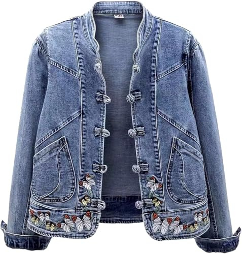 Chaqueta Vaquera con Bolsillos y Manga Larga elástica con Botones para Mujer Chaqueta básica de Mezclilla con Dos Bolsillos Laterales Delanteros Chaqueta sin Cuello Vintage (Azul,XL)