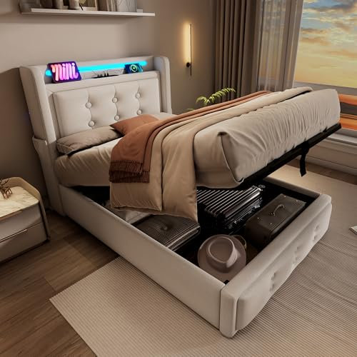 Ymkua Polsterbett Einzelbett Bett 90x200 cm mit LED-Kopfteil, Jugendbett mit Stauraum und USB-Typ-C Ladefunktion, Stauraumbett Bettgestell mit Lattenrost aus Holz, Beige, Baumwolle, Ohne Matratze