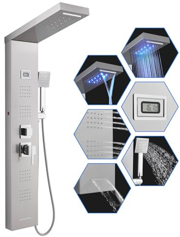 ROVOGO 7-Funktion Duschpaneel mit Armatur - Temperaturanzeige, LED beleuchtet, Regendusche, Wasserfall, Massagedüsen, Handbrause und Wanneneinlauf, 304 Edelstahl Duschsäule für Wandmontage, Gebürstet