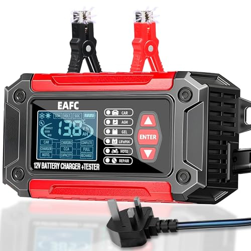 Car Battery Tester & All-in-One Charger EAFC 12V 6A Smart Car Battery Charger with LCD Display – Auto Diagnostic Tool for Cars, Motorcycles, Trucks & AGM/LiFePO4 Batteries