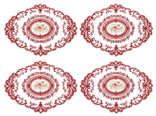QUARKZMAN 4Pack Napperon Rétro en Dentelle 12x16-pouce Ovale Brodé Napperons De Table Dentelle Crochet Français Dessous De Verre pour Maison Mariage, Rouge