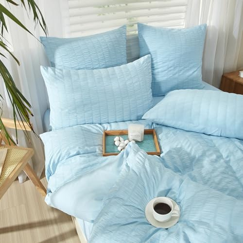 YASMENG Seersucker Housse de Couette 220x240 Bleu Rayé Microfibre Été | Seersucker Parure de Lit 220x240 Adulte Doux Linge de Lit 2 Personne avec Fermeture Éclair avec Taies d'oreiller 65x65 cm