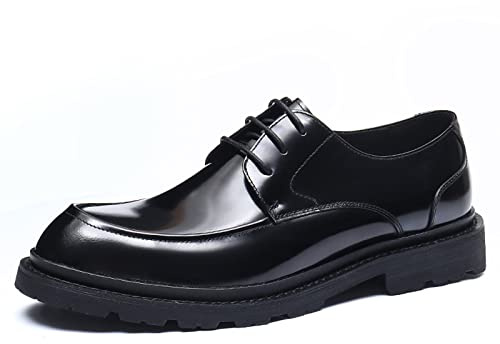 Derbys in Vera Pelle con Suola Spessa da Uomo Scarpe Basse Stringate Formali Affari Scarpe Eleganti Matrimonio Ufficio Festa,Nero,45