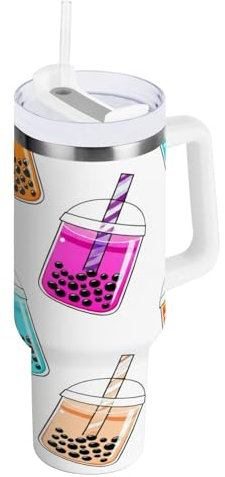 RPLIFE Bonito vaso de té de burbujas blanco de 40 onzas con asa, botella de agua de acero inoxidable, vasos aislados con asas