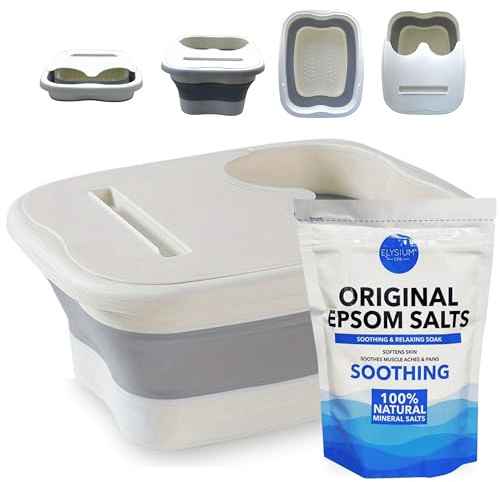 Fußbad & Massage-Set – Faltbare Fußbadewanne, tragbares Massage-Einweichbecken & original frisches Bittersalz (450 g)