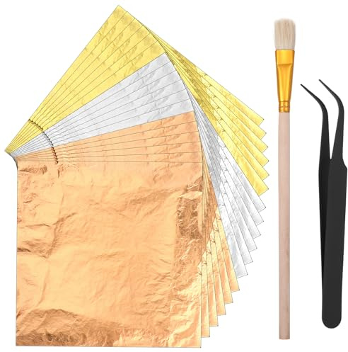 150 Blatt Goldfolie Flocken,Goldfolie Papier Blattgold Torten Deko mit Pinzetten und Bürsten,Blattgold Imitation zum Basteln,Goldflocken für Nägel Vergoldung Holz Möbel Malerei Handwerk Deko