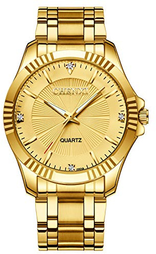 DREAMING Q&P Gold Stainless Steel IP Plated Men's Business Wrist Watches for Male with Crystals