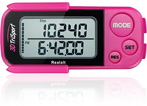 Realalt 3DTriSport 3D Walking Pedometer with Clip & Strap, Accurate Step Counter with 30-Day Memory, Distance in Miles/KM Large Display Perfect for Seniors & Beginners eBook Included - Magenta