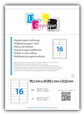 320 étiquettes 99.1 X 33.9 mm étiquettes pour adresse blanches adhésives personnalisables 320 etiquettes 99,1 X 33,9 mm soit 20 feuilles de 16 étiquettes autocollantes pour imprimante jet d'encre