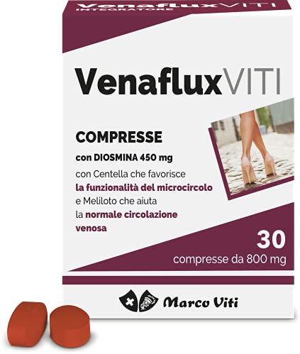 Venaflux Viti - Compresse, Integratore per la Circolazione, con Diosmina, Allevia i Fastidi Circolatori, Ippocastano e Centella, 30 Compresse da 80 mg